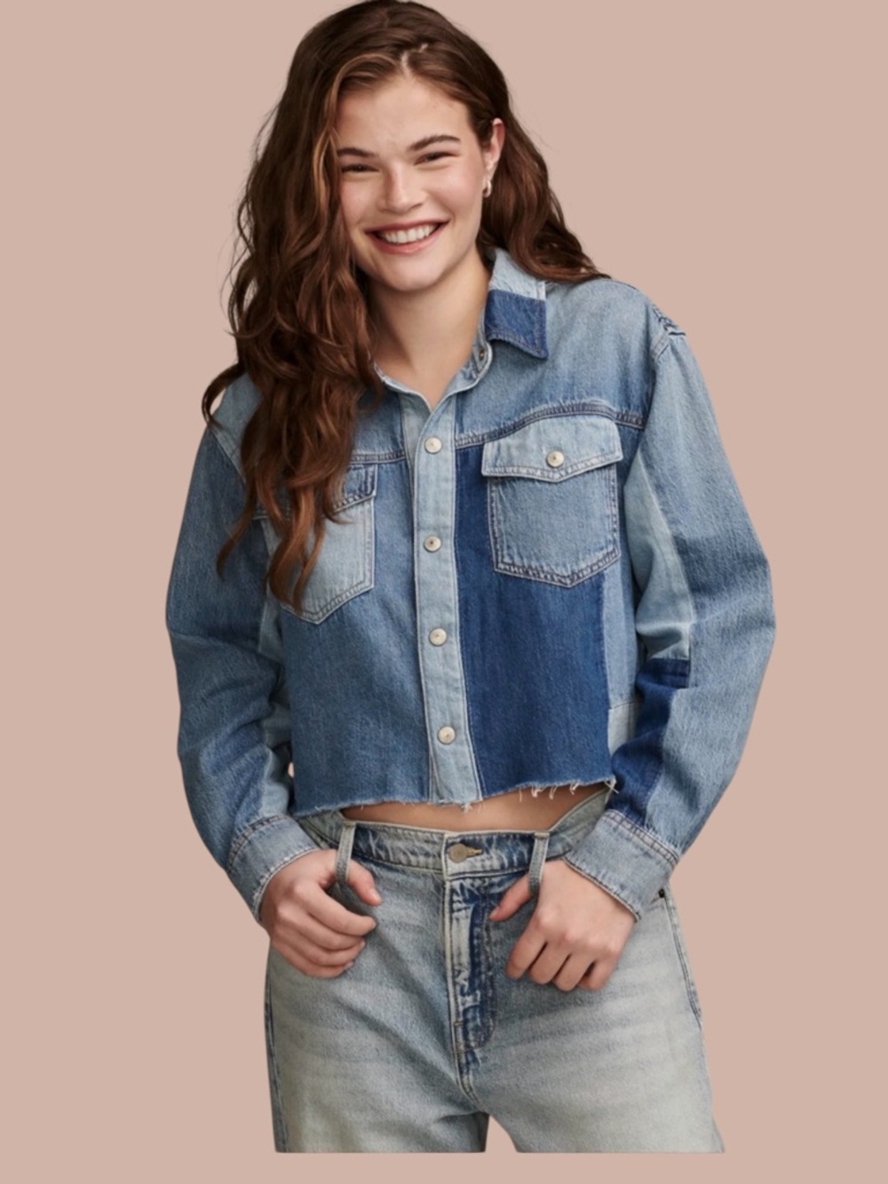 Lucky Brand Legend Denim Patchwork Button Jacket Size Large